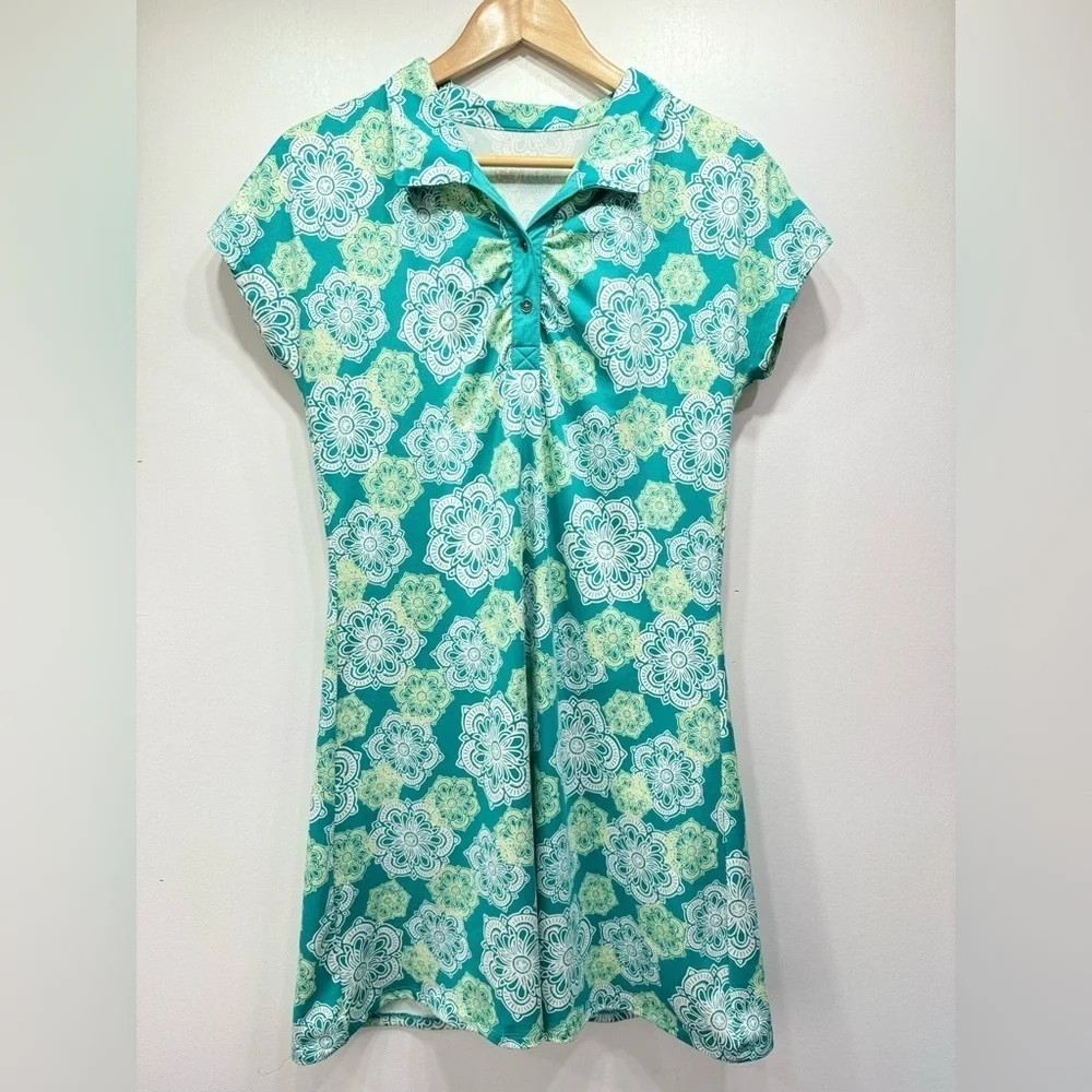 Lola Teal & Ivory Collared Golf Shirt Dress Dolman Cap Sleeves Size Medium